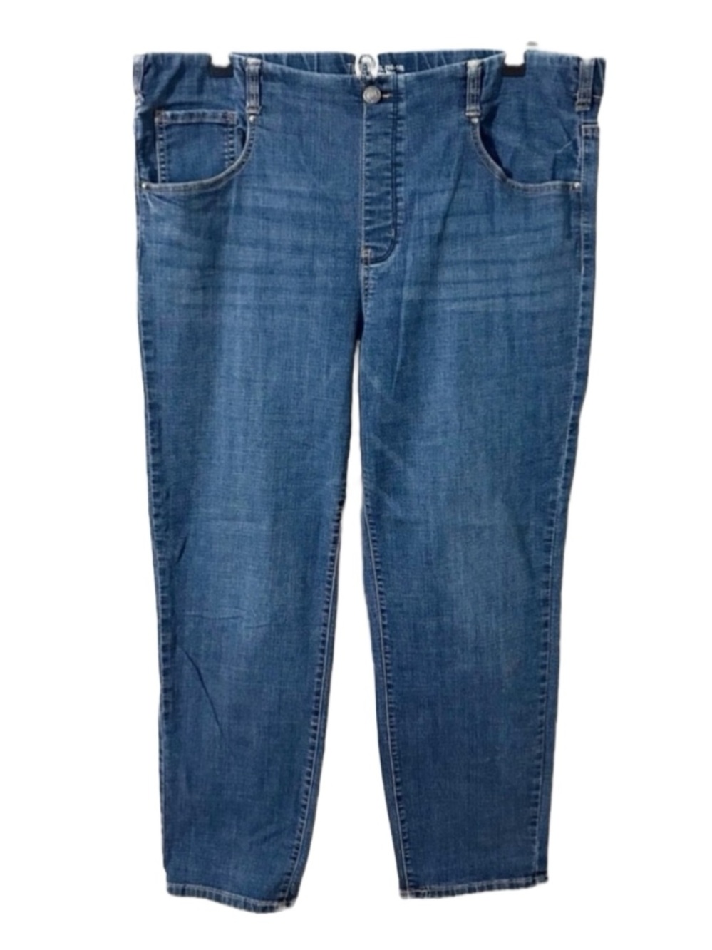Time & Tru Mid Rise Straight Leg Dark Wash Denim Jeans Pull On Styling Faux Zip